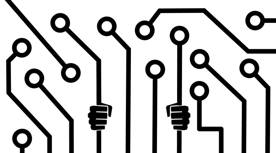 A graphic of circuitboard traces made to look like the bars of a prison cell. Two hands hold the bars.